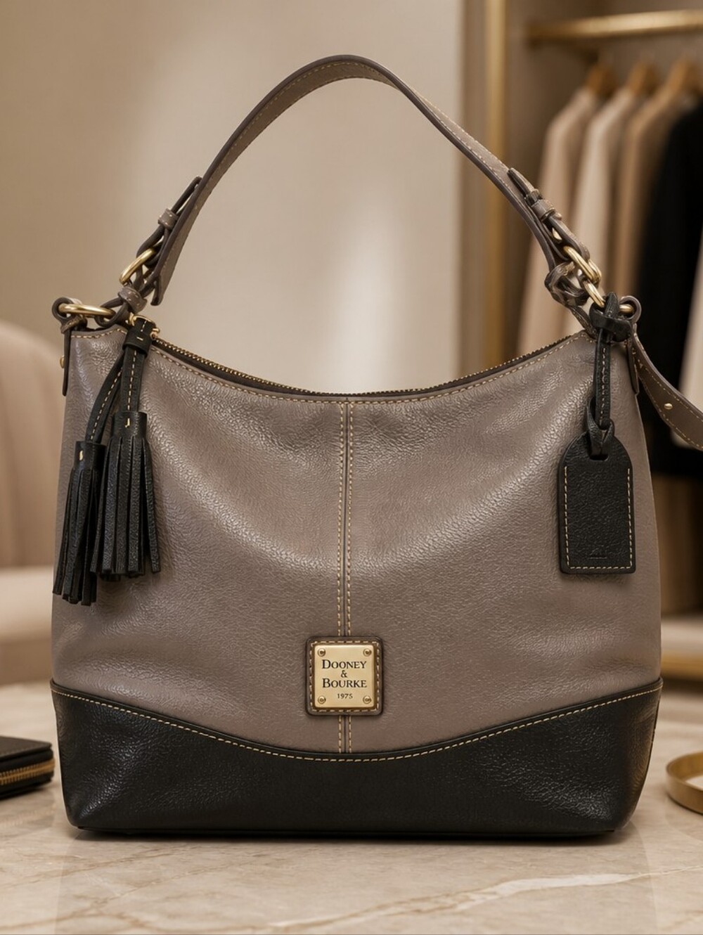 Dooney & Bourke Taupe and Black Leather Hobo Bag